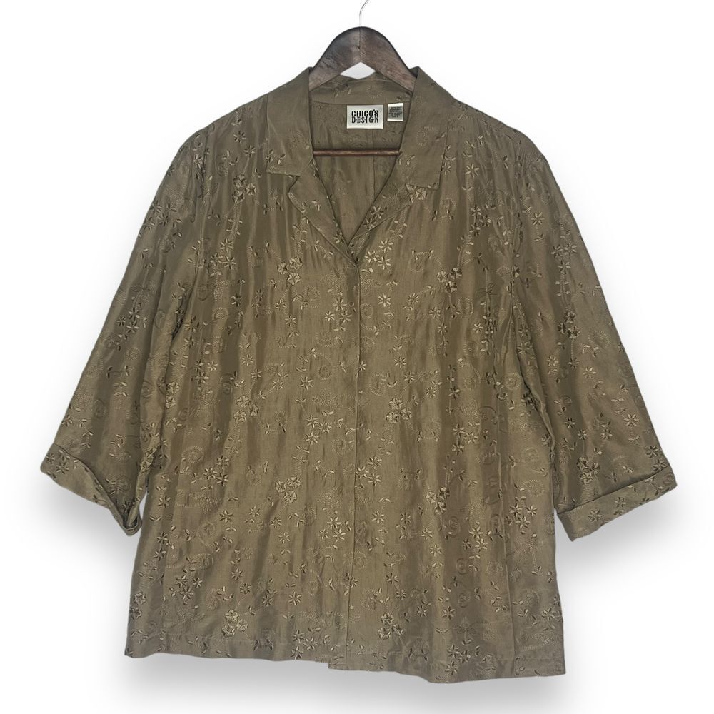 Chico's Blouse Jacket Green‎ Gold Silk Embroidered Floral Hidden Button Front L